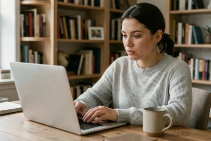 Femme concentrée passant un test de QI en ligne sur son ordinateur portable dans un bureau à domicile