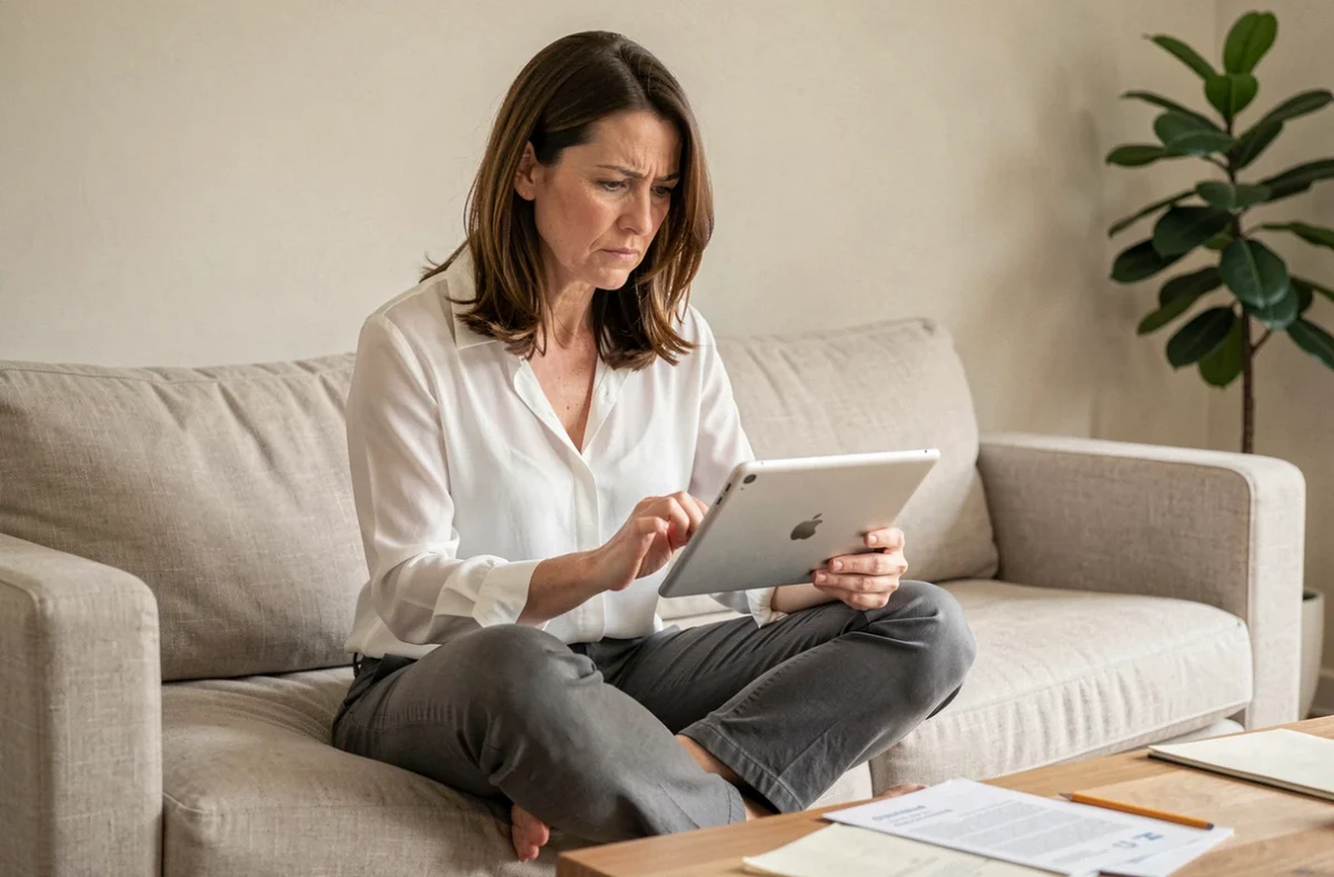 Femme d'âge mûr évaluant un test de QI gratuit sur tablette avec un regard critique dans son salon
