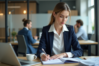 Femme en bureau moderne prenant des notes en finance
