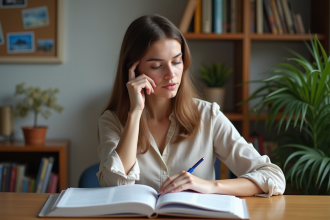 Jeune femme compare deux livres de langues étrangères