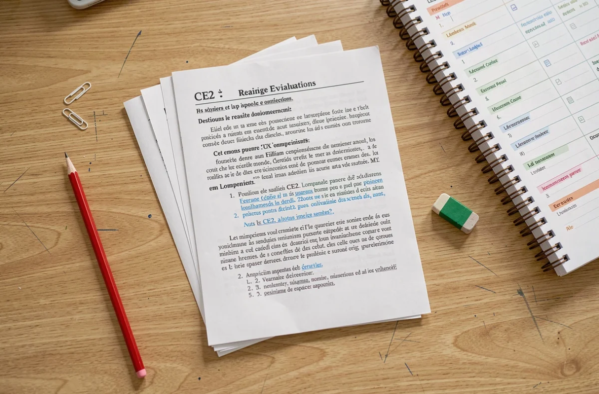 Fiches de lecture CE2 imprimées et matériel d'évaluation posés sur le bureau d'un enseignant