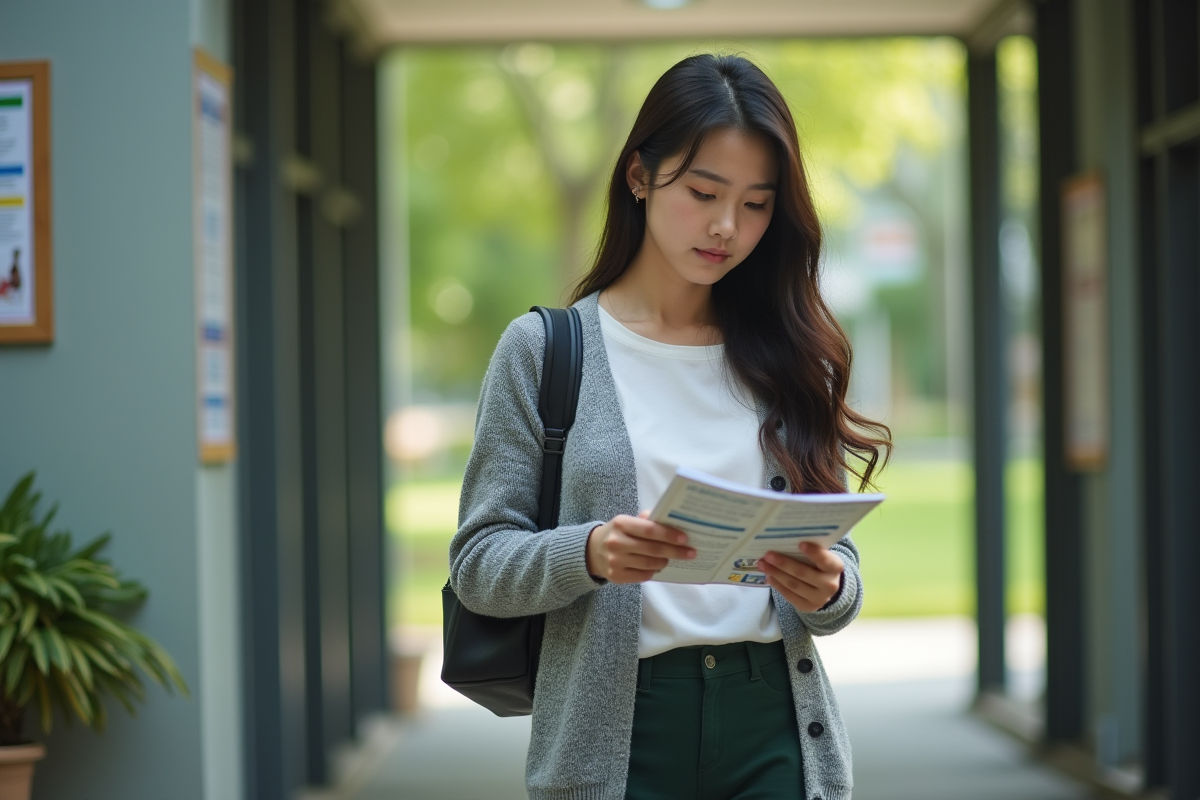 Fille étudiante regardant une brochure à l