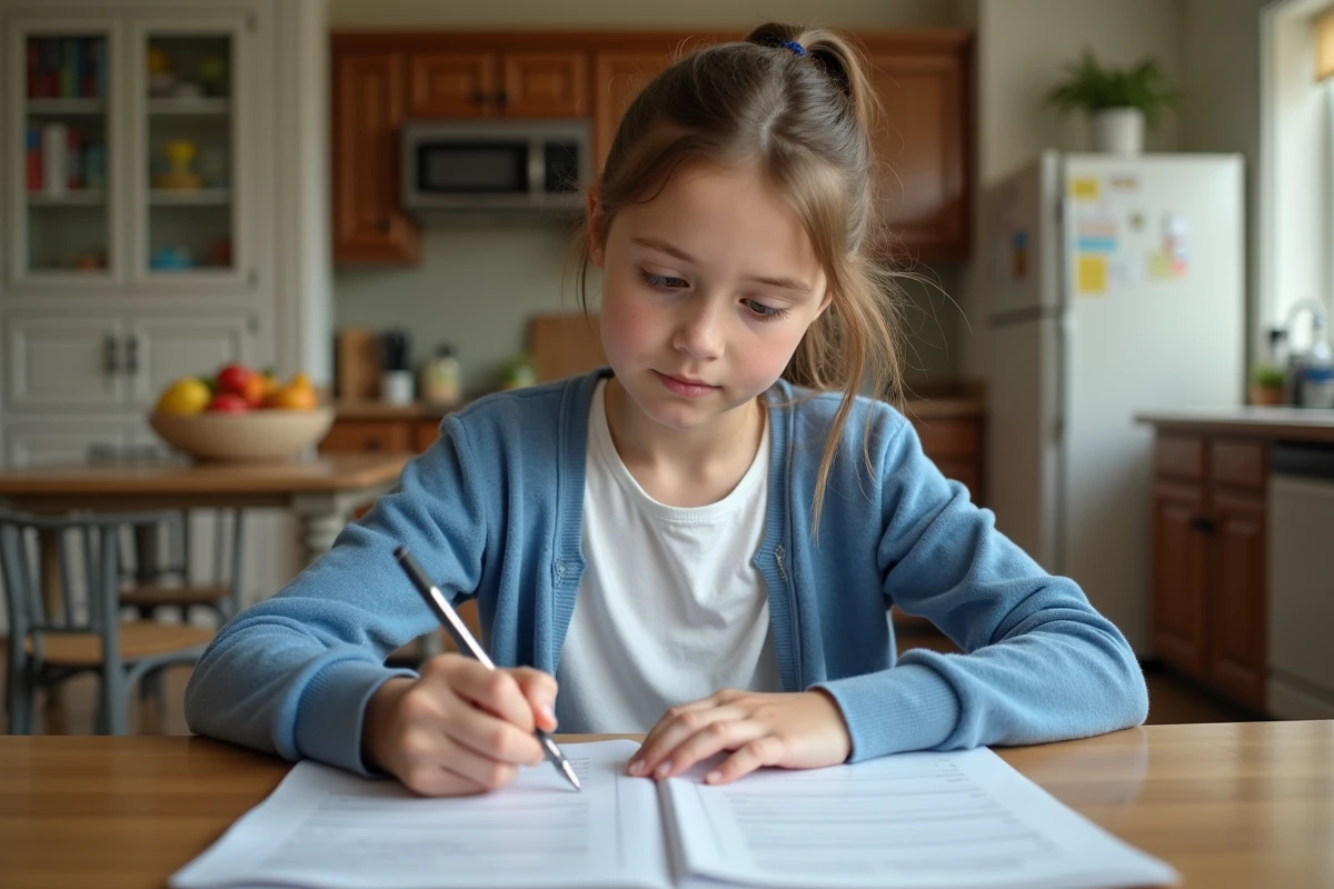 Fille lisant une dictée à la maison à la cuisine