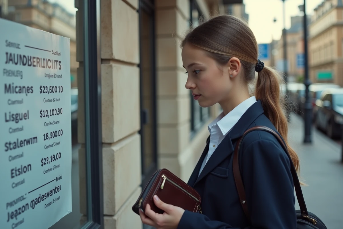 Fille de 16 ans regardant un panneau de réduction étudiante à l