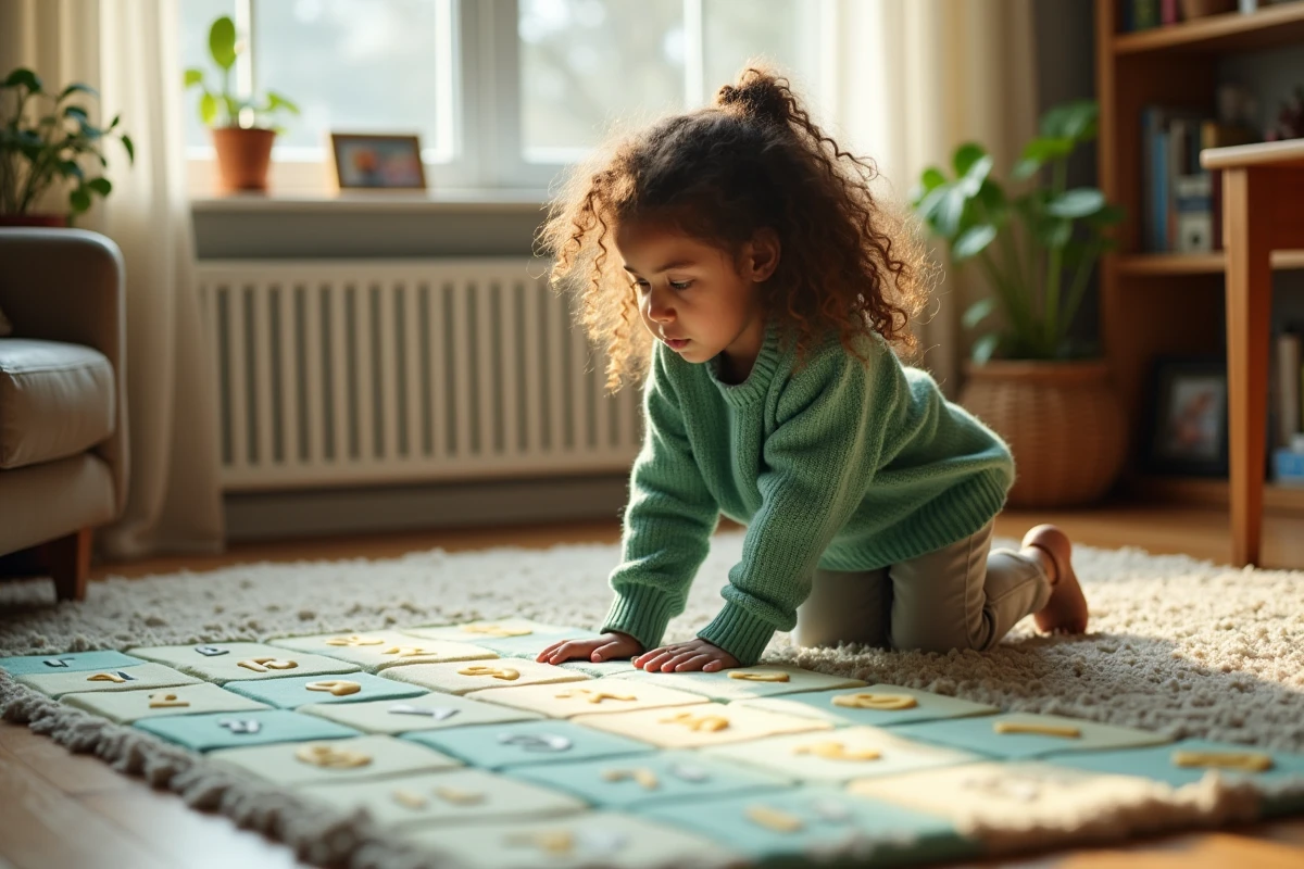 Fille de 9 ans travaillant sur un tapis de multiplication à la maison