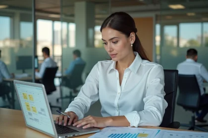 Femme professionnelle comparant le format horaire AM PM anglais et le format 24h sur un ordinateur portable au bureau