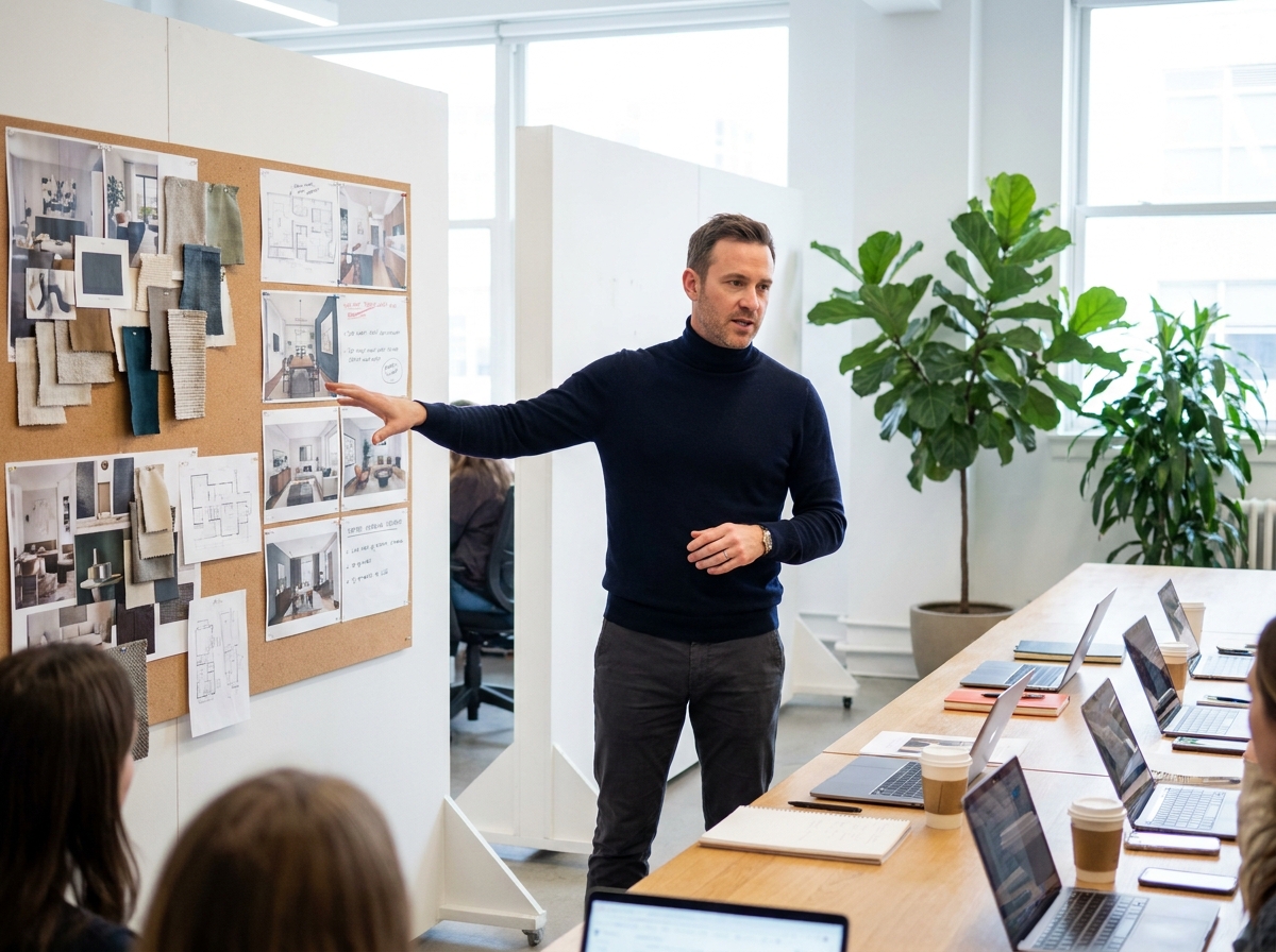 Formateur en design d'intérieur présentant une critique de projet devant un tableau de références dans une école de formation