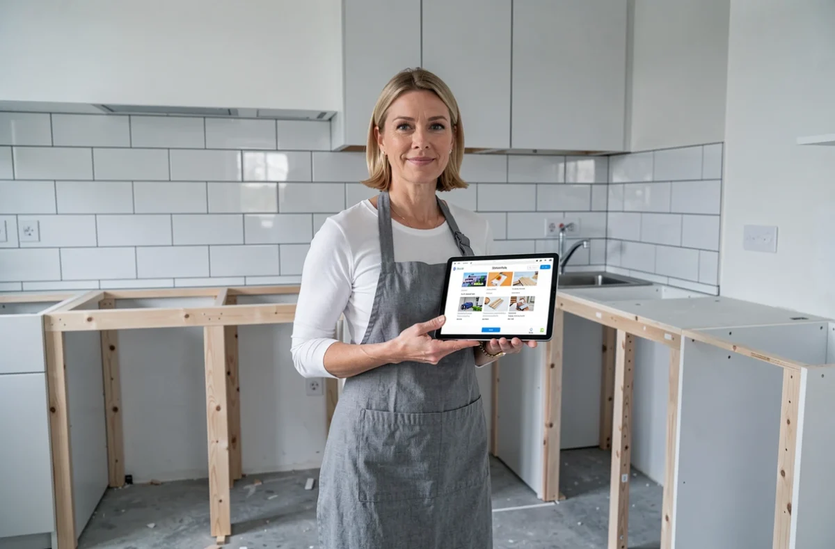 Femme consultant une plateforme de formation bricolage en ligne sur tablette dans une cuisine en cours de rénovation