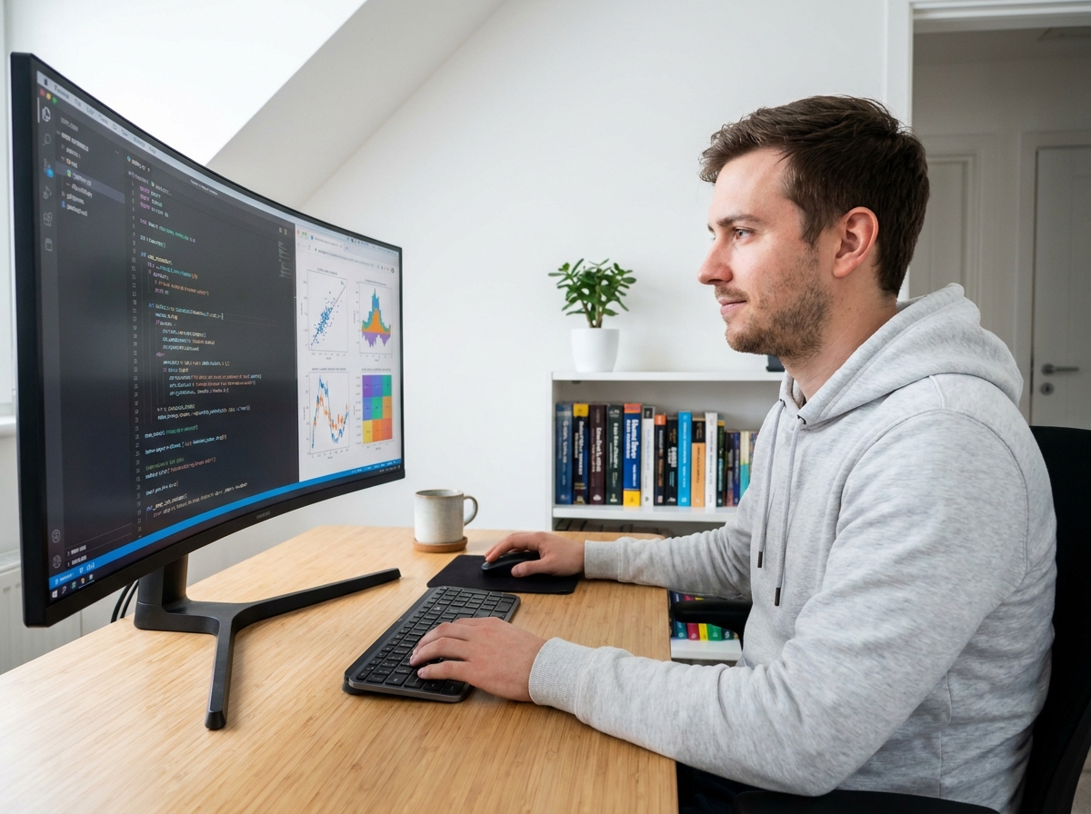 Un homme suivant une formation data analyst en ligne depuis son bureau à domicile, avec du code Python et des visualisations de données à l'écran