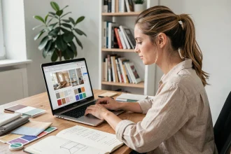 Femme suivant une formation en décoration intérieure en ligne depuis son bureau à domicile avec swatches et planches tendance