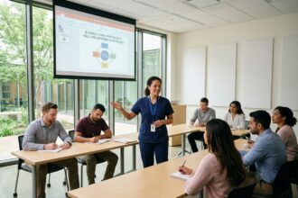 Formatrice en soins infirmiers animant une session de formation sur le bien-être des personnes âgées pour une équipe de soignants dans une salle de formation moderne