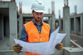 Ouvrier du bâtiment en formation gros œuvre étudiant des plans sur un chantier de construction avec colonnes en béton armé