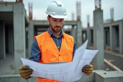 Ouvrier du bâtiment en formation gros œuvre étudiant des plans sur un chantier de construction avec colonnes en béton armé