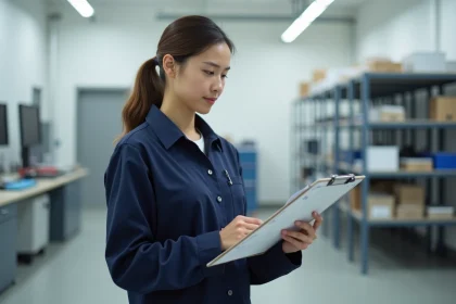 Jeune femme en formation professionnelle consultant une liste de contrôle technique pour l'évaluation Habilec 8