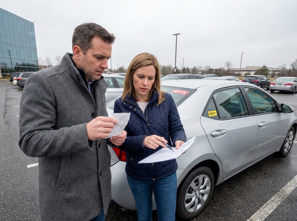 Deux collègues en déplacement professionnel discutent des frais de carburant et de location de voiture dans un parking d'entreprise