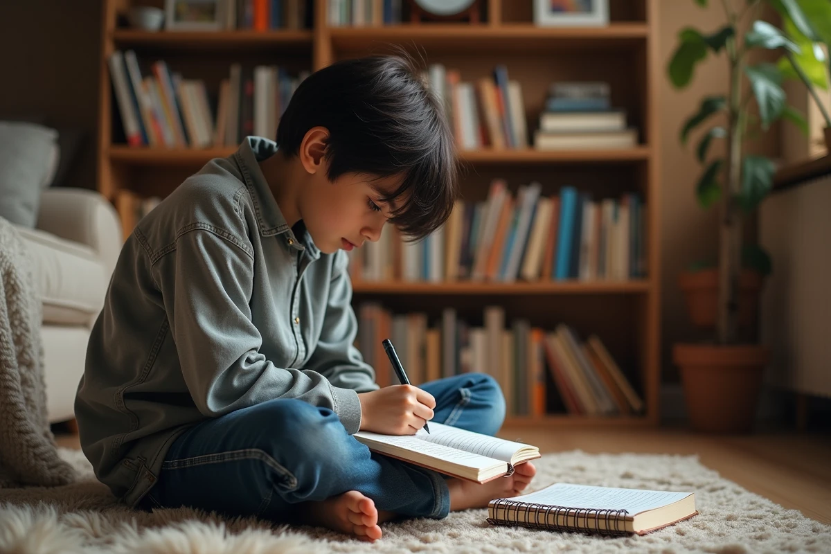 Adolescent lisant un livre de contes en salon cosy