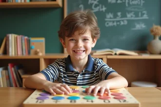 Garçon souriant de 8 ans avec tableau de multiplication Montessori