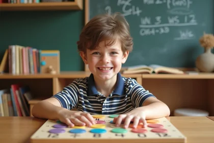 Garçon souriant de 8 ans avec tableau de multiplication Montessori