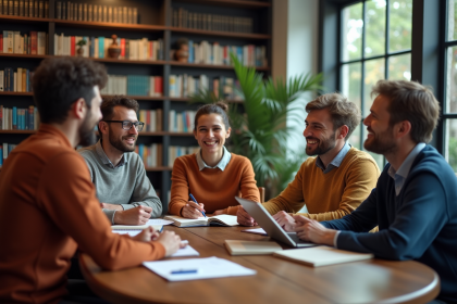 Groupe d'adultes en discussion dans une bibliothèque moderne