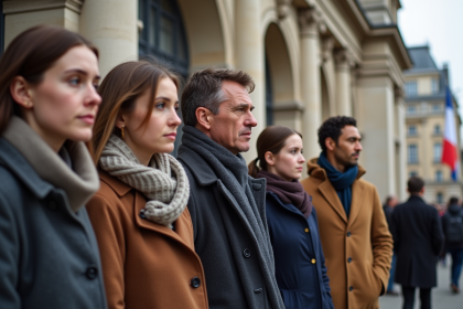 Groupe diversifié devant un bâtiment français avec drapeau