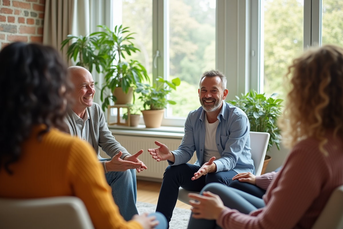 Groupe de coaching en cercle dans une salle lumineuse et aérée