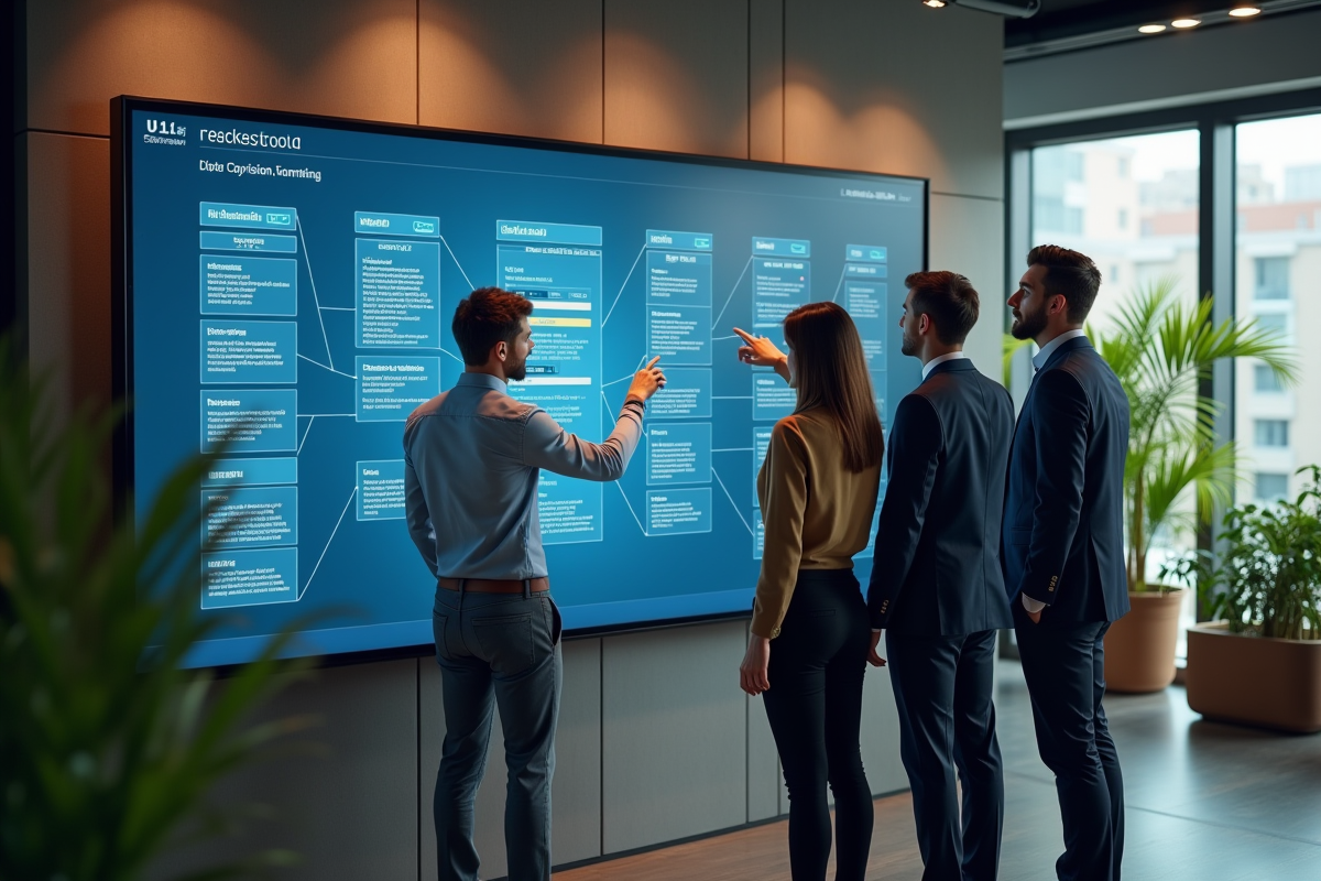 Groupe de collègues discutant autour d un tableau interactif