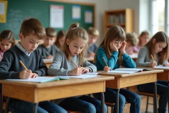 Groupe d'enfants en classe en train d'écrire une dictée