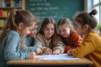 Groupe d'élèves au collège travaillant ensemble en classe