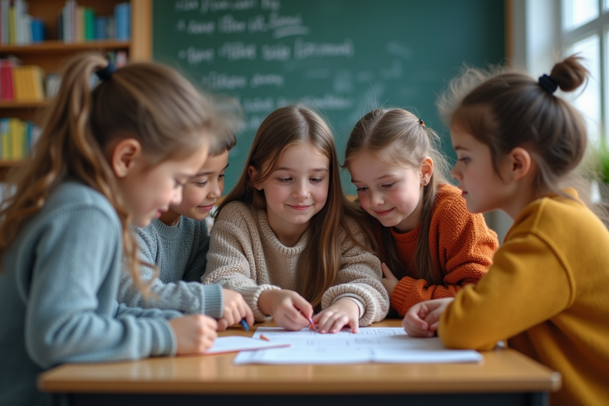 Groupe d'élèves au collège travaillant ensemble en classe