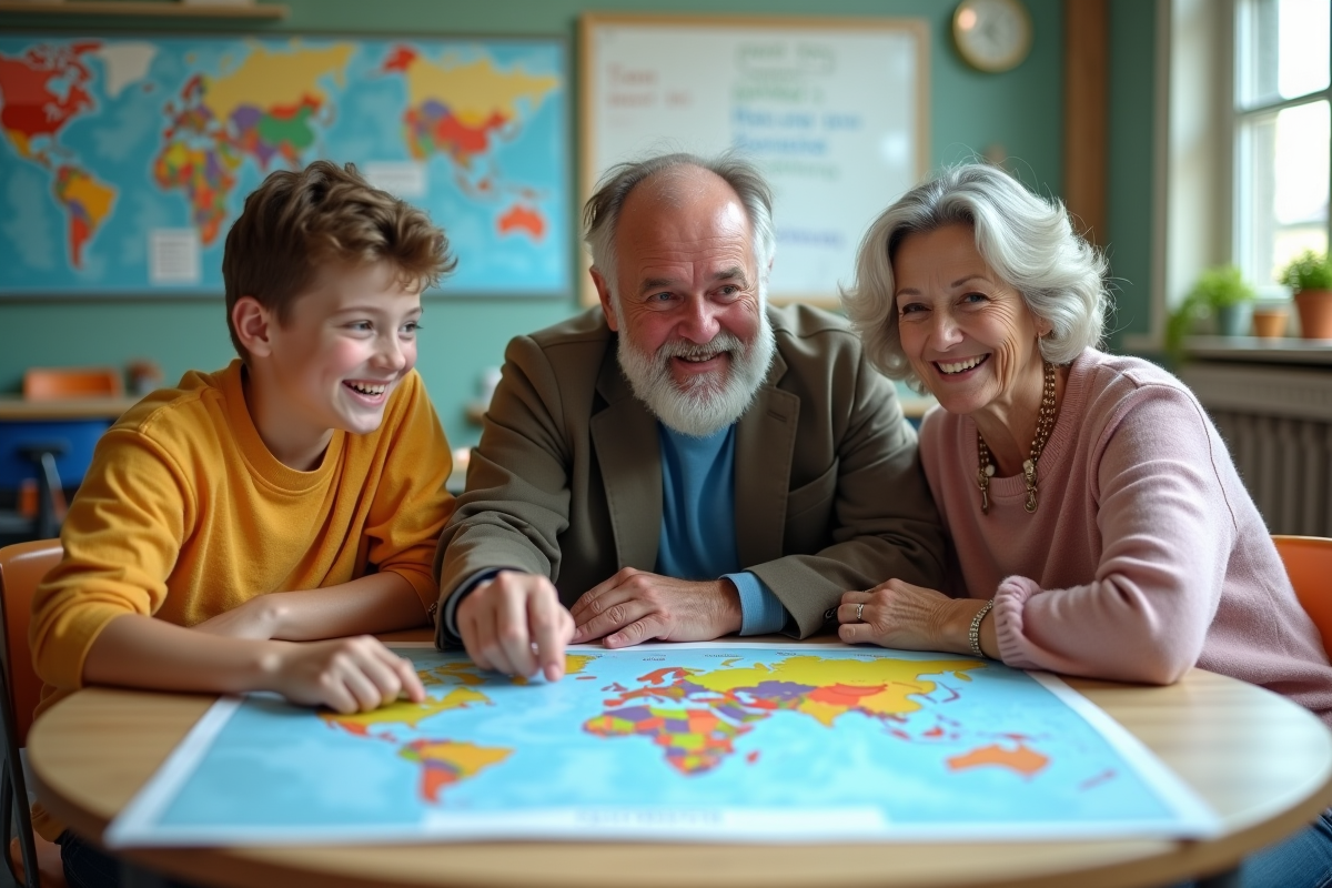 Groupe de trois personnes discutant autour d une carte du monde