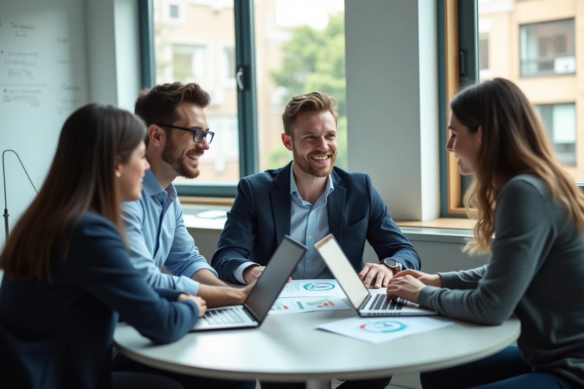 Groupe d'étudiants en alternance collaborant sur un projet dans une salle de cours d'école de commerce