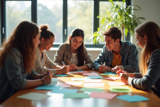 Groupe d'étudiants et professeur brainstormant autour d'une table