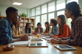 Groupe d'étudiants divers en classe moderne en apprentissage collaboratif
