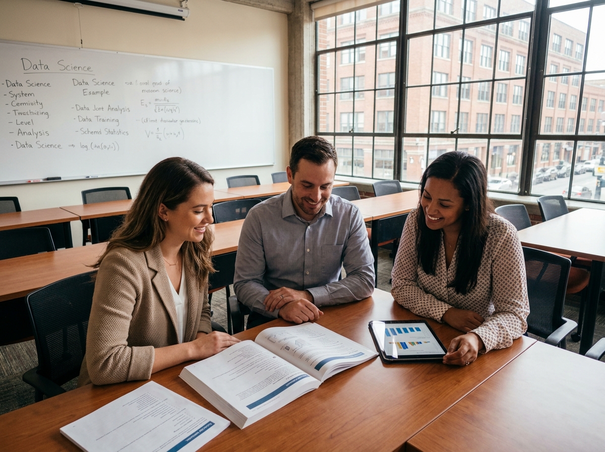 Groupe d'étudiants adultes en formation data analyst en présentiel dans une salle de cours professionnelle, comparant les coûts et contenus des formations