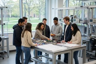 Groupe d'étudiants en ingénierie dans un laboratoire moderne