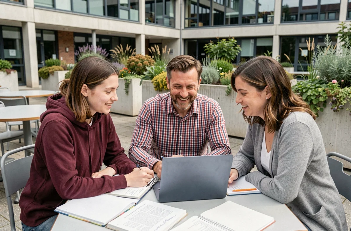 Groupe d'adultes en reconversion professionnelle collaborant autour d'un ordinateur portable sur le campus du Cnam à Saint-Nazaire