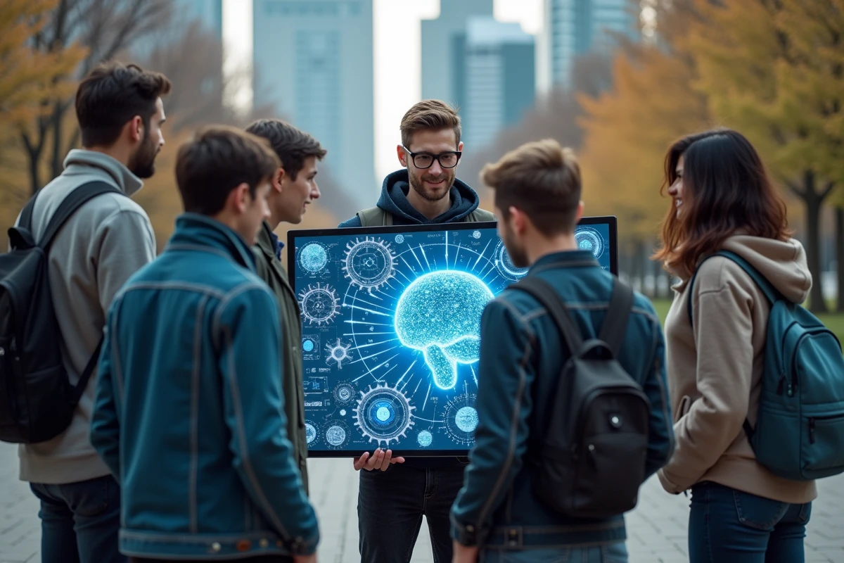 Groupe de jeunes interagissant avec un écran AI en plein air