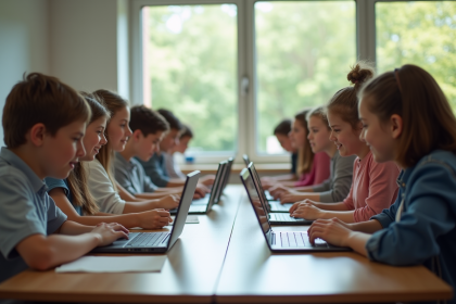 Groupe de lycéens utilisant des ordinateurs en classe lumineuse