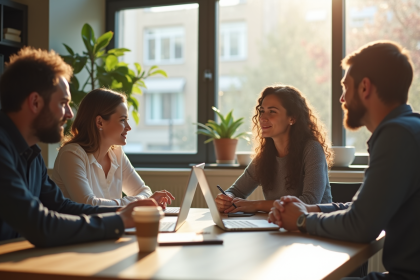Groupe de professionnels collaborant dans un bureau lumineux