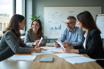 Groupe de professionnels en réunion autour de documents HR
