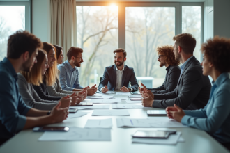 Groupe de professionnels autour d'une table avec tableau blanc