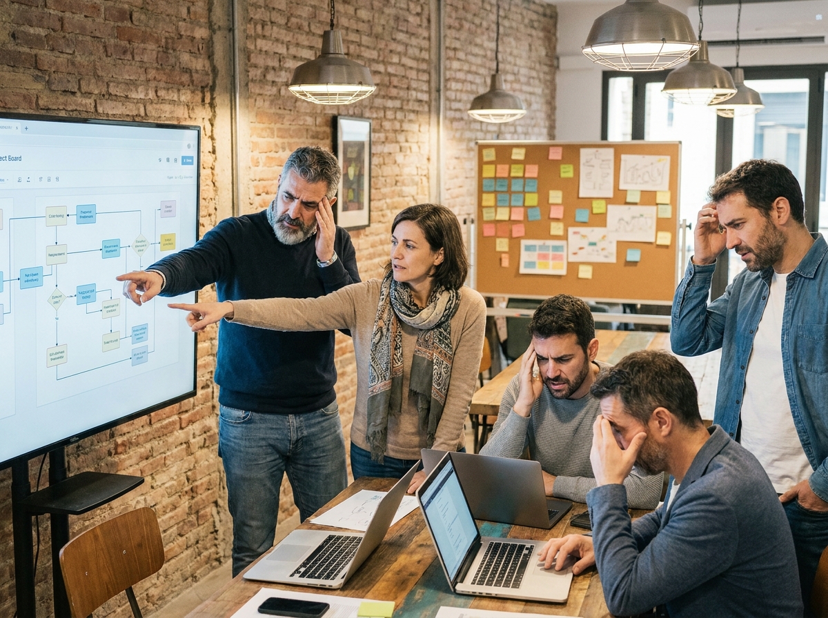 Groupe de cinq professionnels autour d'un tableau de projet dans un espace de coworking, chacun travaillant de son côté malgré leur présence commune, symbolisant la difficulté à coopérer en équipe