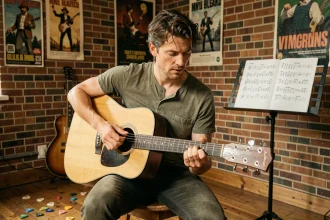 Guitariste acoustique en train d'enchaîner des accords ouverts sur une guitare folk dans un studio maison chaleureux