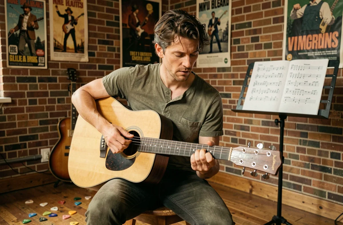 Guitariste acoustique en train d'enchaîner des accords ouverts sur une guitare folk dans un studio maison chaleureux