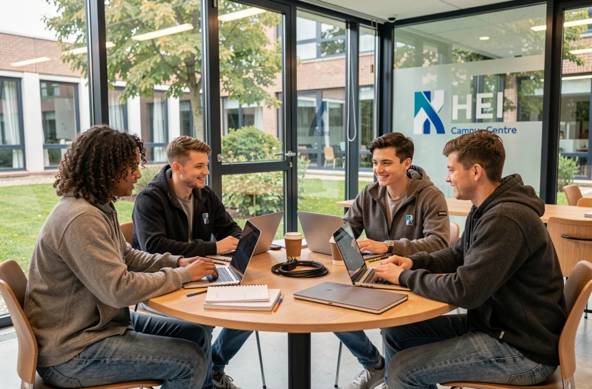 Groupe d'étudiants travaillant en collaboration dans un espace moderne du HEI Campus Centre à Châteauroux