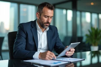 Homme d'affaires confiant avec tablette dans un bureau moderne