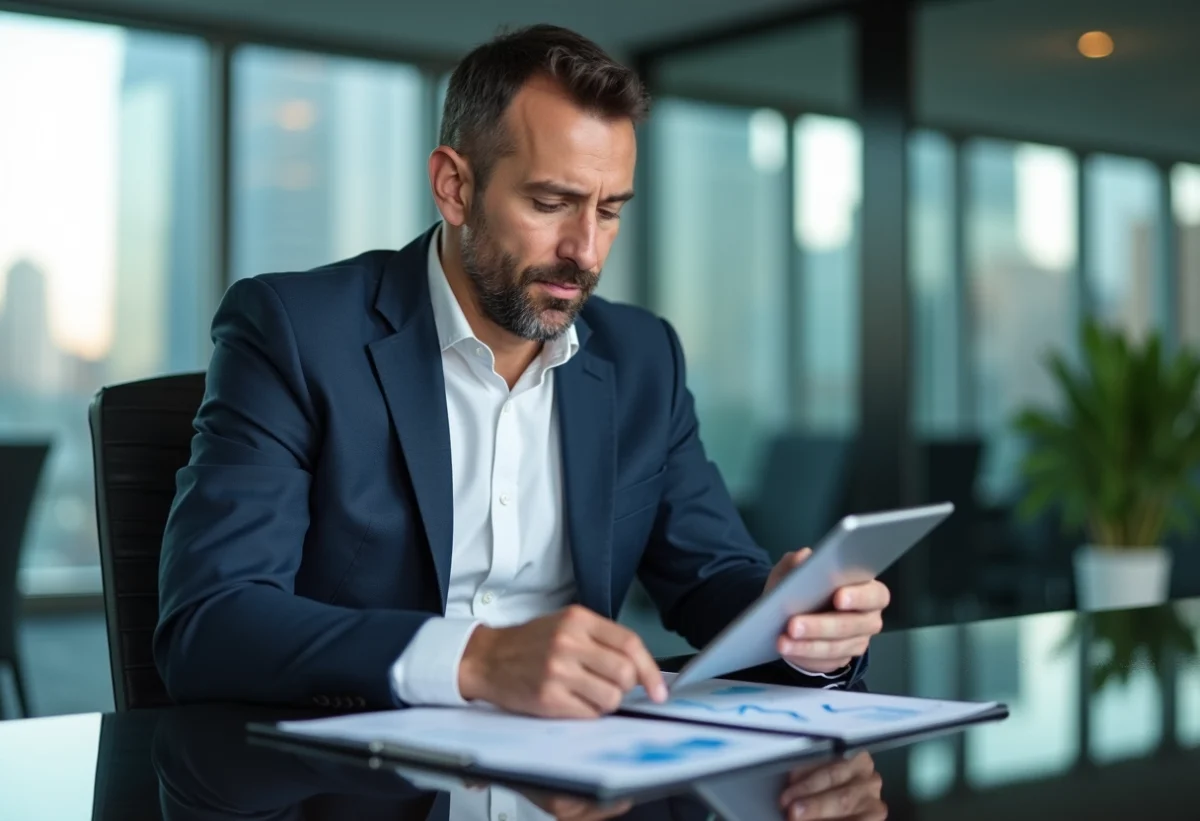 Homme d'affaires confiant avec tablette dans un bureau moderne