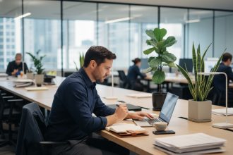 Homme en tenue smartcasual au bureau en pleine réflexion