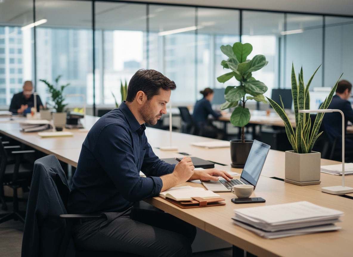 Homme en tenue smartcasual au bureau en pleine réflexion