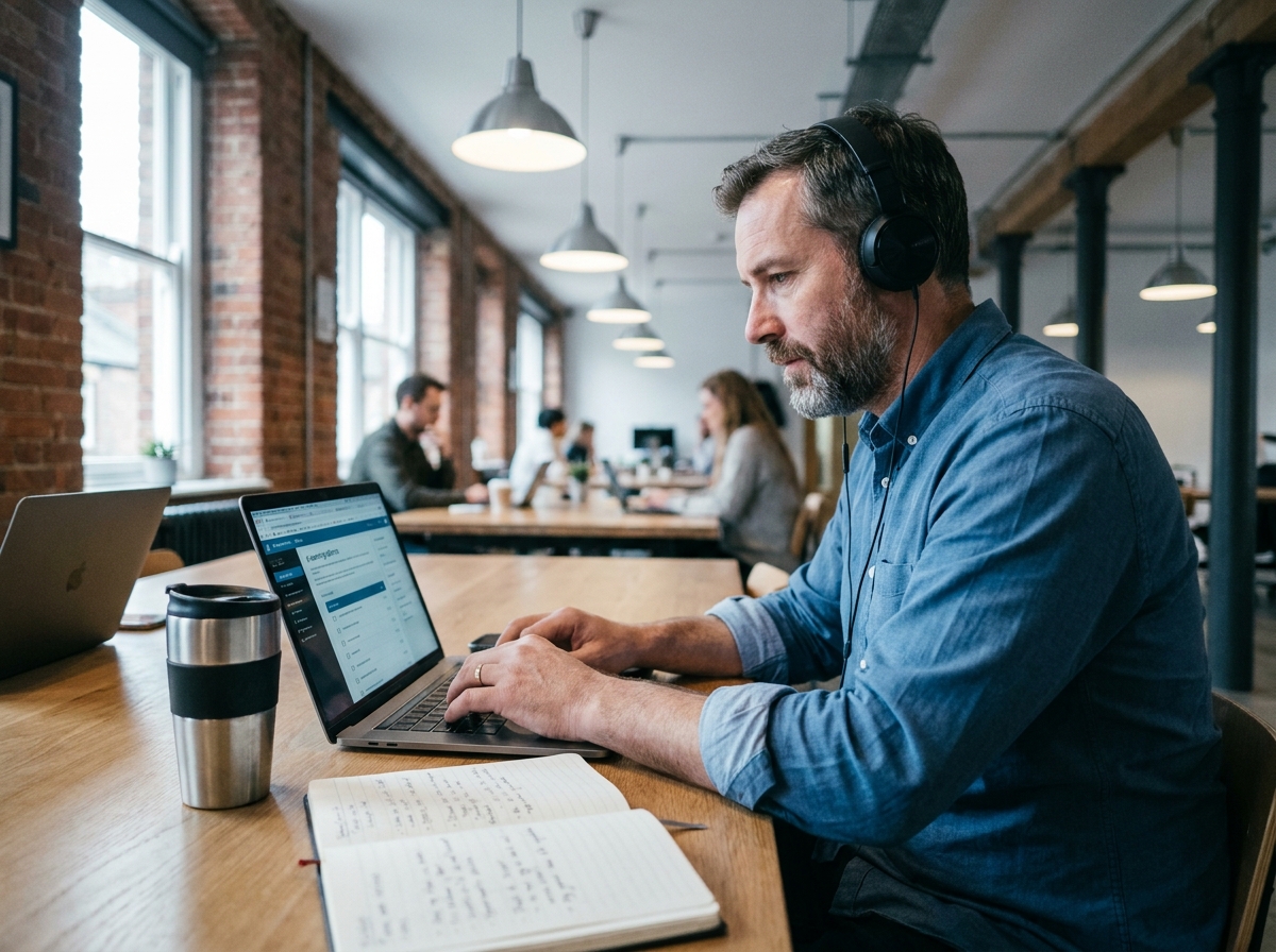 Homme adulte en formation professionnelle en ligne dans un espace de coworking moderne